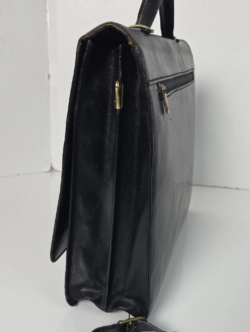 Tumi Full Grain Leather Briefcase Bag in Black With Gold Accent Turnlock